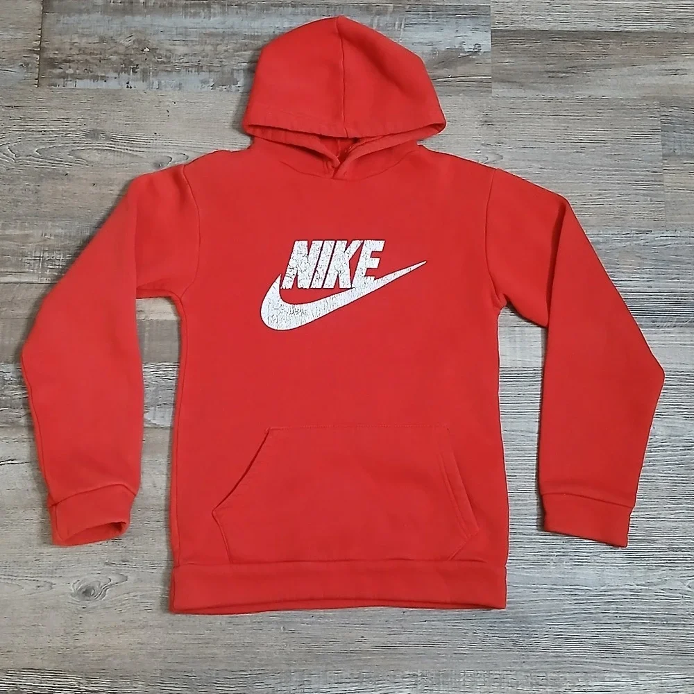 Nike Hoodie Kids Size 14 Red‎ Pullover Distressed Logo Graphic Sweatshirt